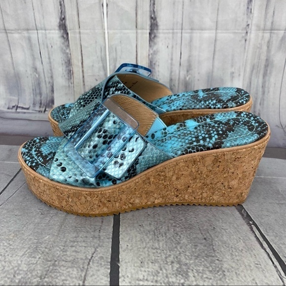 Donald Pliner Illiad Leather Snake Buckle Platform Cork Wedges Blue Black - Picture 10 of 13